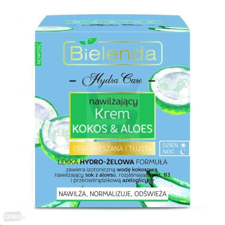 Bielenda HYDRA CARE зволожуючий крем для обличчя кокос і алое для комбінованої та жирної шкіри 50 мл