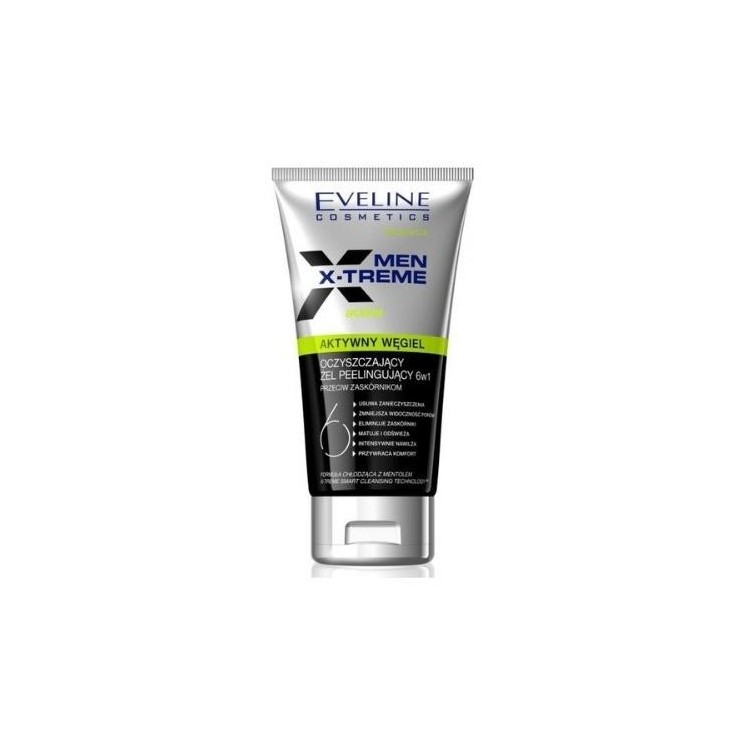 Eveline Men X-Treme 6w1 Aktywny Węgiel oczyszczający Żel peelingujący do mycia twarzy 150 ml