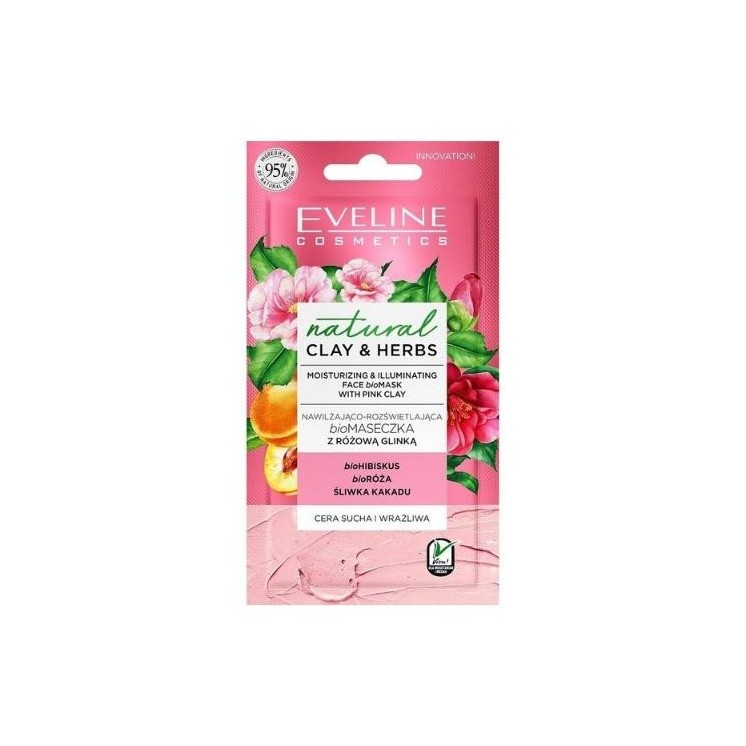 Eveline Natural Clay & Herbs зволожуюча та освітлююча біомаска з рожевою глиною 8 мл