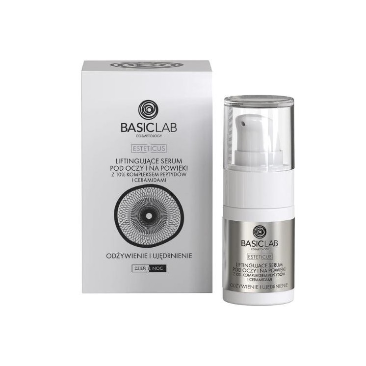 BasicLab Esteticus liftingujące Serum pod oczy i na powieki z 10% kompeksem Peptydów i Ceramidami odżywienie i ujędrnienie 15 m
