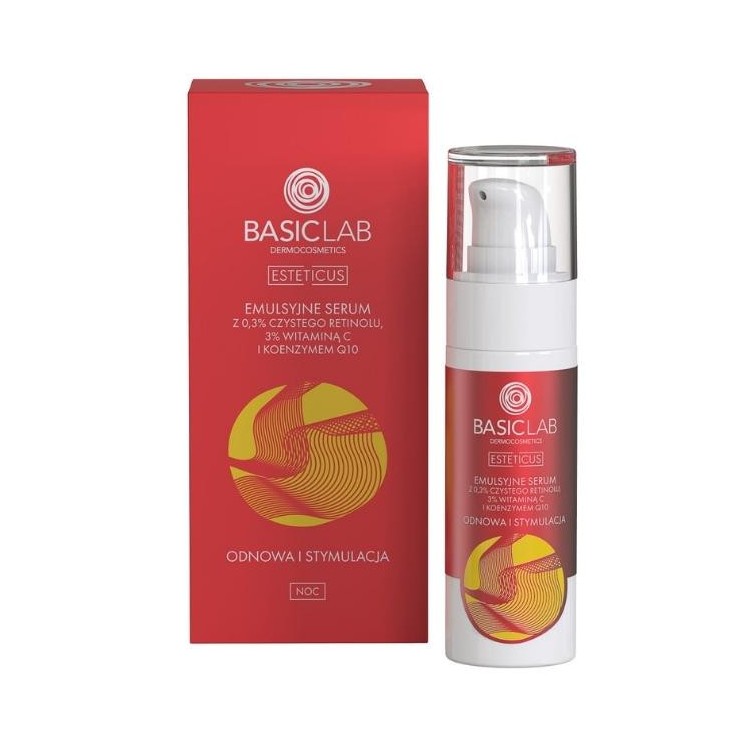 BasicLab Esteticus emulsyjne Serum z 0,3% czystego Retinolu, 3% Witaminą C i Koenzymem Q10 odnowa i stymulacja 30 ml