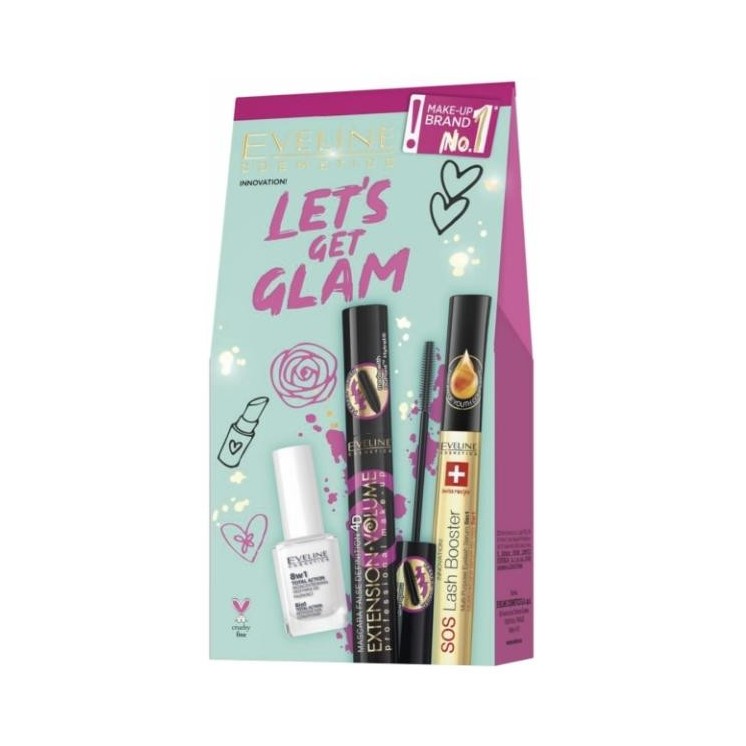 Eveline Let's Get Glam Zestaw prezentowy Tusz do rzęs + Odżywka do paznokci + Odżywka do rzęs