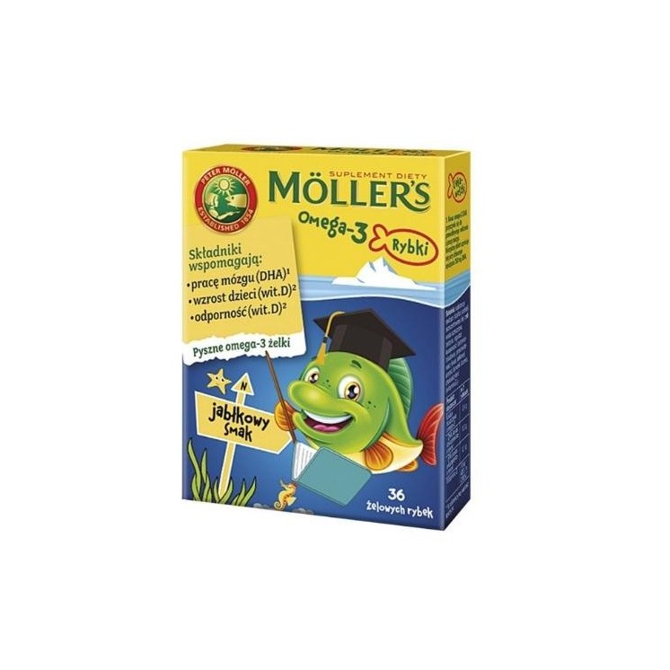 Moller's Omega-3 Tran norweski o smaku jabłkowym suplement diety 36 żelowych rybek