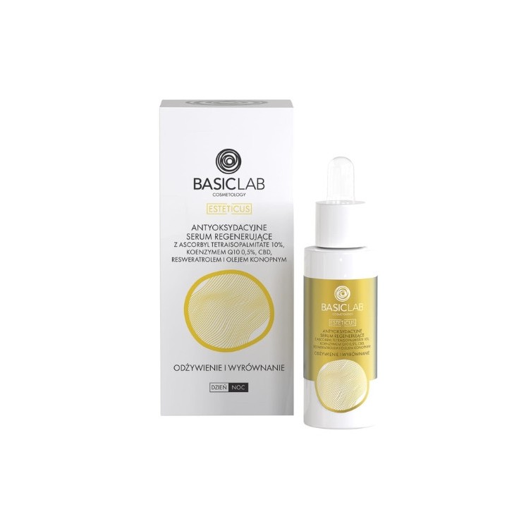 BasicLab Esteticus Antyoksydacyjne Serum do twarzy regenerujące z 10% Ascorbyl Retraisopelitate, 0,5% Koenzymem Q10, CBD, Reswer