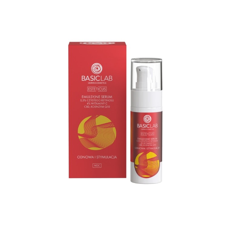 BasicLab Esteticus emulsyjne Serum do twarzy z 0,5% czystym Retinolem, 4% Witaminą C i Koenzymem Q10 30 ml
