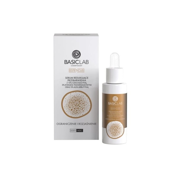 BasicLab Esteticus Serum do twarzy redukujące przebarwienia z 10% Azeloglicyną, 3% Kwasem Traneksamowym i 2% Alfą Arbutyną 30 ml