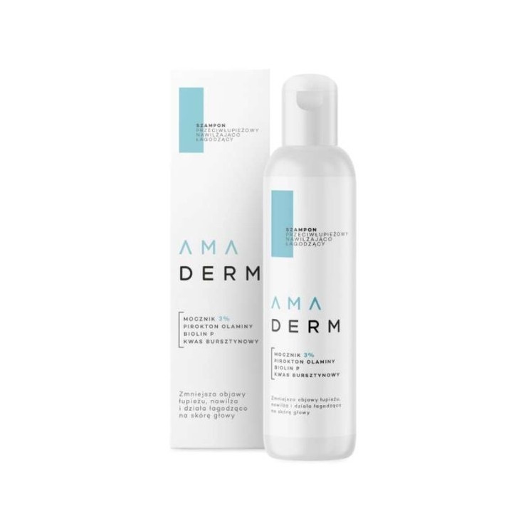 Зволожуючий і заспокійливий шампунь для волосся Amaderm проти лупи 150 мл