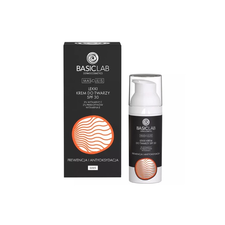 BasicLab Masculis lekki Krem do twarzy SPF30 Prewencja i antyoksydacja 3% Witamina C i 2% Prebiotyki 50 ml