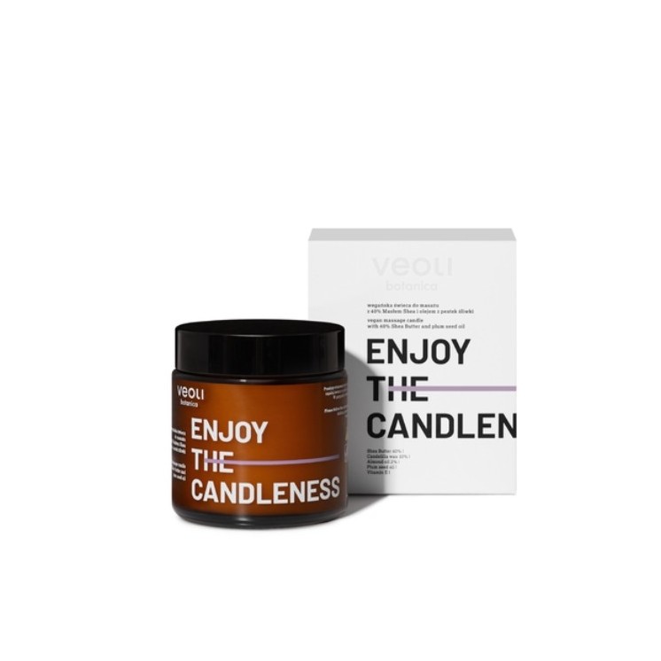 Veoli Botanica Enjoy the Candleness wegańska Świeca do masażu ciała z 40% masłem Shea i olejem z pestek śliwki 100 ml