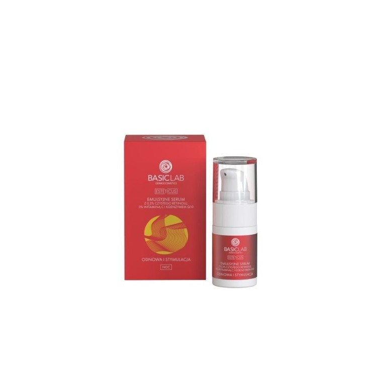 BasicLab Esteticus Emulsyjne Serum do twarzy z 0,3% Czystym Retinolem, 3% Witaminą C i Koenzymem Q10 15 ml