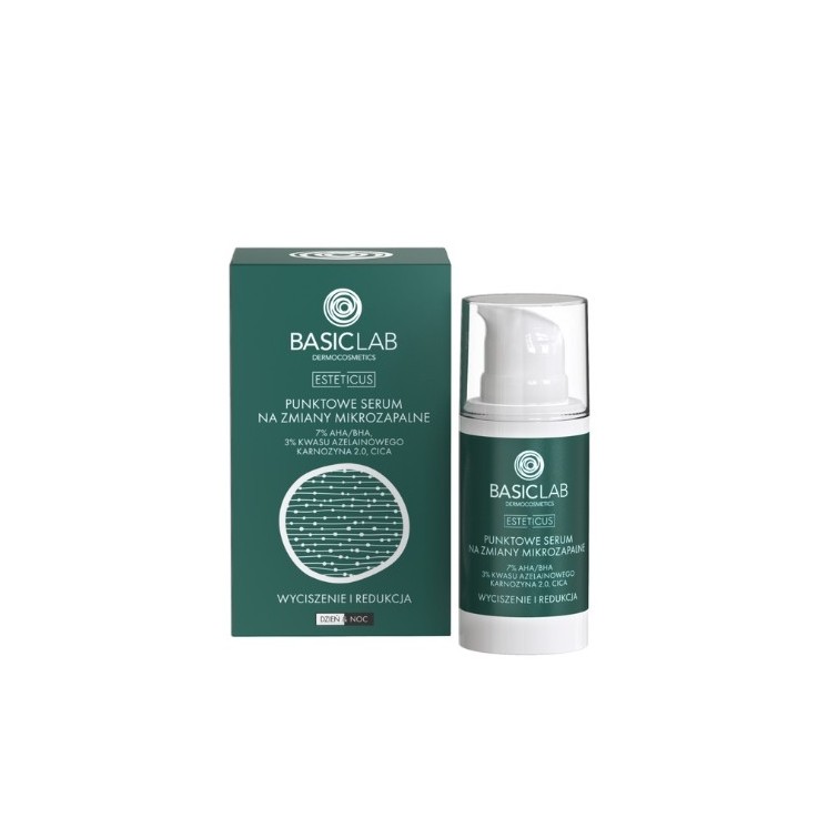 BasicLab Esteticus punktowe Serum na zmiany mikrozapalne z kwasem AHA/BHA 7%, kwasem Azelainowyn 3% i Laktoferyną 15 ml