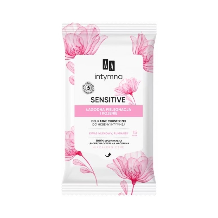 Серветки AA Sensitive Delicate для інтимної гігієни, ніжного догляду та заспокоєння, 15 шт.