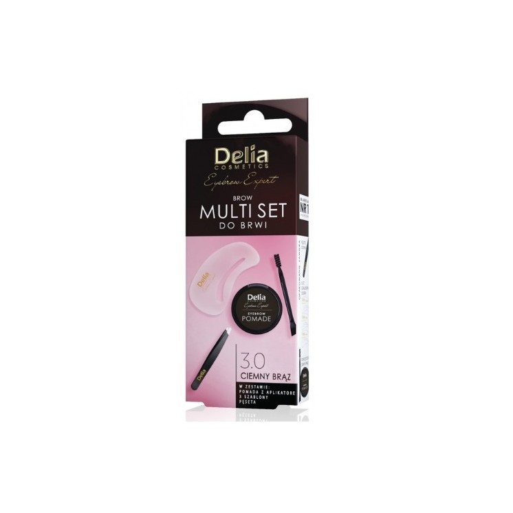 Delia Eyebrow Expert Multi Set do brwi Zestaw: Pęseta + 3 Szablony + Pomada z aplikatorem 3.0 Brąz