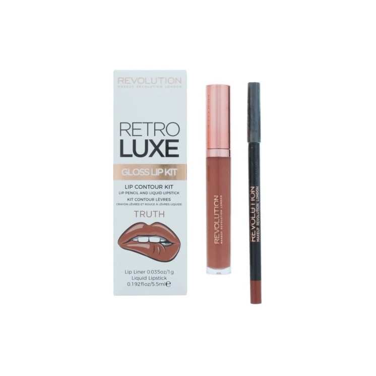 Makeup Revolution Retro Luxe Gloss Kit Zestaw do makijażu ust Truth: Błyszczyk 5,5 ml + Kredka do ust 1 g