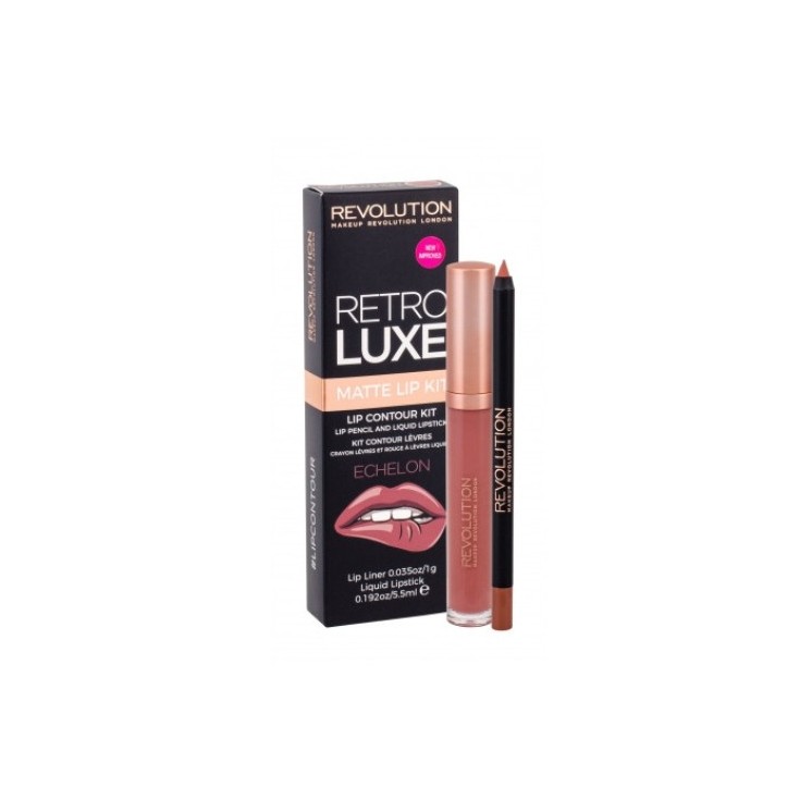 Makeup Revolution Retro Luxe Matte Kit Zestaw do makijażu ust Echelon: Błyszczyk 5,5 ml + Kredka do ust 1 g