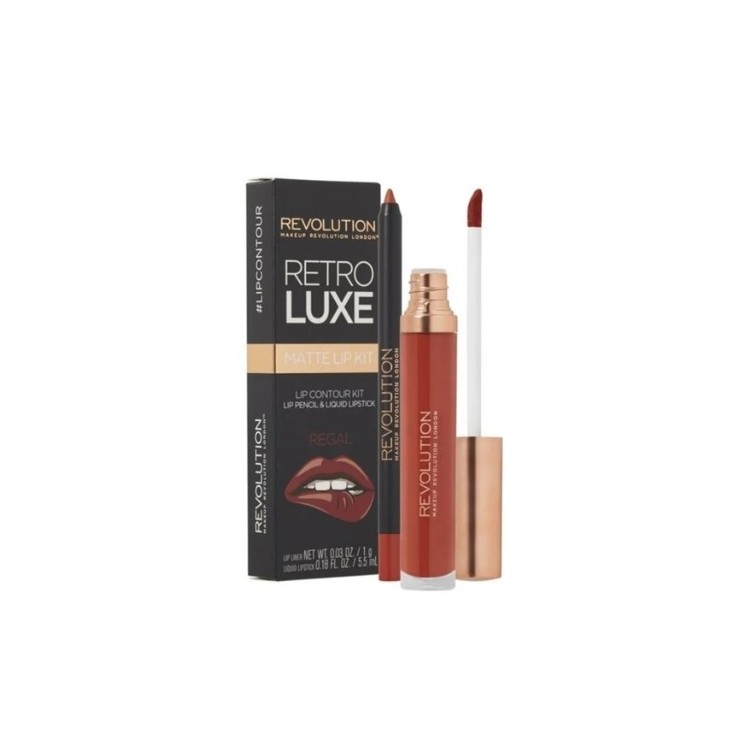 Makeup Revolution Retro Luxe Matte Kit Zestaw do makijażu ust Regal: Błyszczyk 5,5 ml + Kredka do ust 1 g