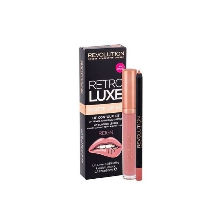 Makeup Revolution Retro Luxe Matte Kit Zestaw do makijażu ust Reign: Błyszczyk 5,5 ml + Kredka do ust 1 g
