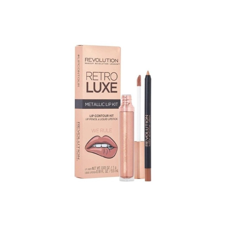 Набір для макіяжу губ Revolution Retro Luxe Metallic Lip Kit We Rule: блиск для губ 5 мл + олівець для губ 1 г