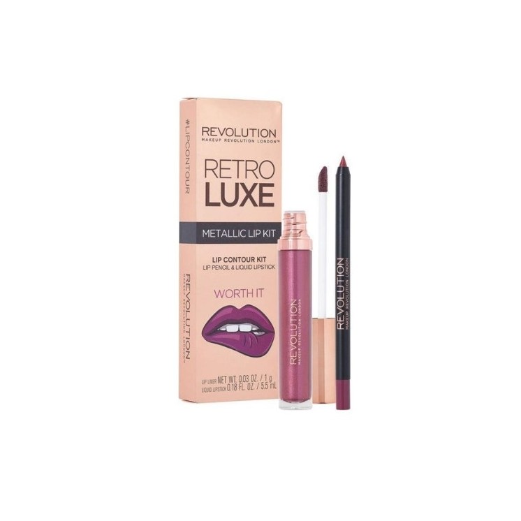 Makeup Revolution Retro Luxe Metallic Lip Kit Zestaw do makijażu ust Worth It: Błyszczyk 5,5 ml + Kredka do ust 1 g
