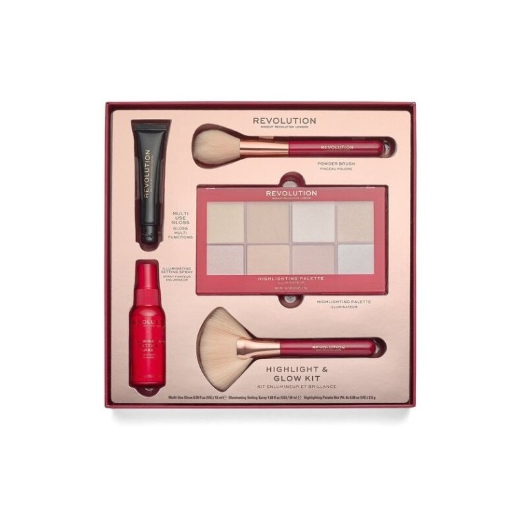 Revolution Highlight Glow Kit: Palette of 8 highlighters, setting spray, lip gloss and 2 makeup brushes