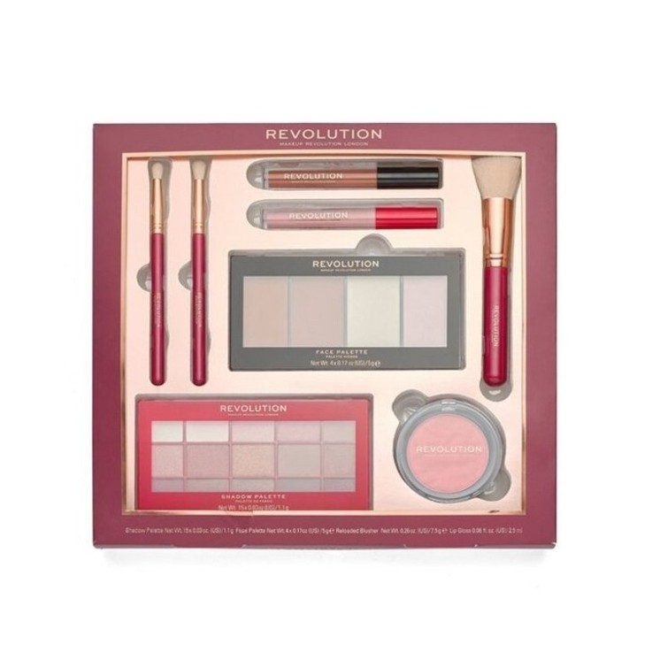 Revolution Reloaded Geschenkset: Lidschattenpalette, Gesichtspalette, Rouge, 2 Lipgloss und 3 Make-up-Pinsel