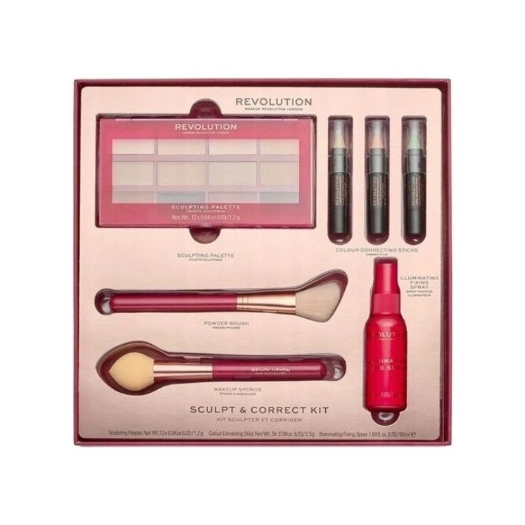 Revolution Sculpt Correct Kit Geschenkset: Konturpalette, Concealer in 3 Farbtönen, Fixierer und 2 Puderpinsel