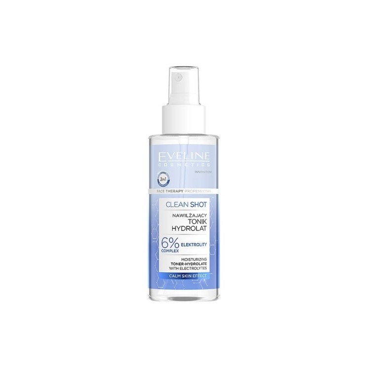 Eveline Clean Shot nawilżający Tonik-hydrolat z 5% kompleksem elektrolitów 150 ml