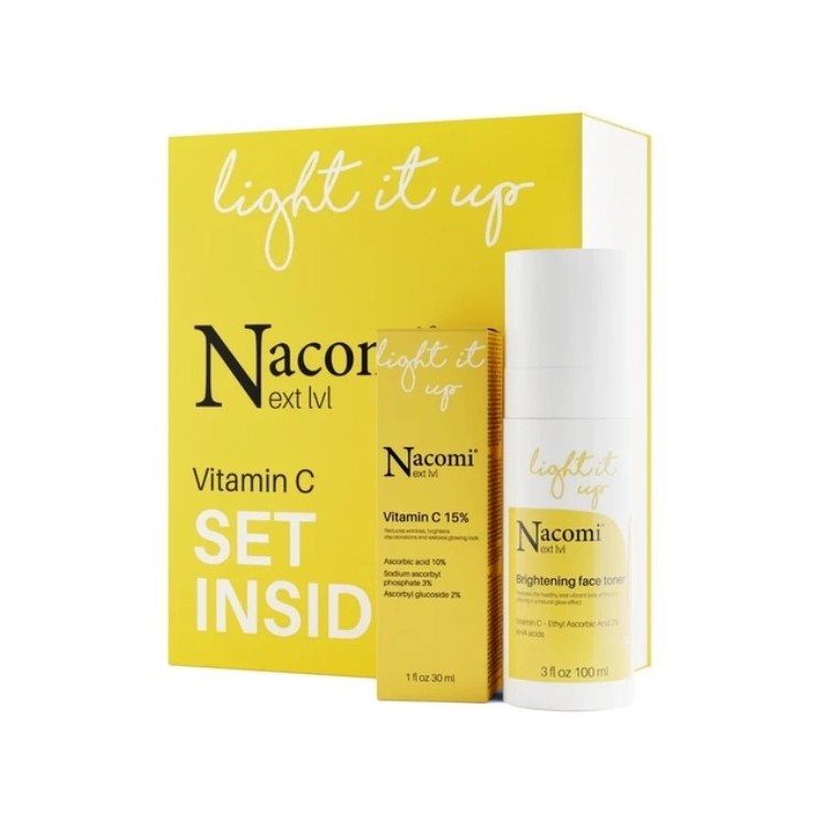 Nacomi Next Level Zestaw prezentowy  Vitamin C rozświetlający Mleczny tonik rozświetlajacy 100 ml + Serum witamina C 15% 30 ml
