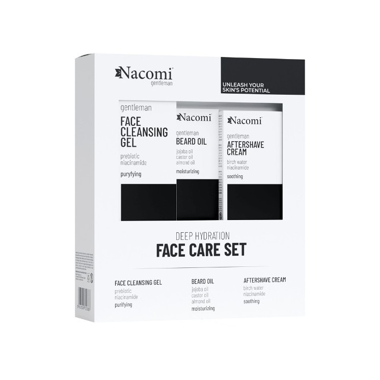 Nacomi Men Face Care Set Zestaw prezentowy dla mężczyzn Żel do mycia twarzy 140 ml + Olejek do brody 40 ml + Krem po goleniu 50
