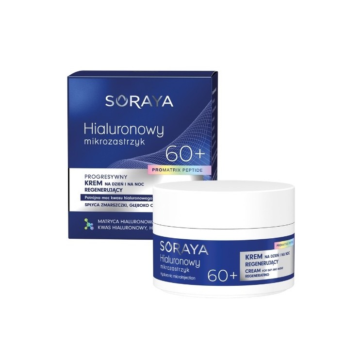 Soraya Hialuronowy mikrozastrzyk Progresywny krem regenerujący 60+ na dzień i na noc, kwas hialuronowy i peptyd sygnałowy 50 ml